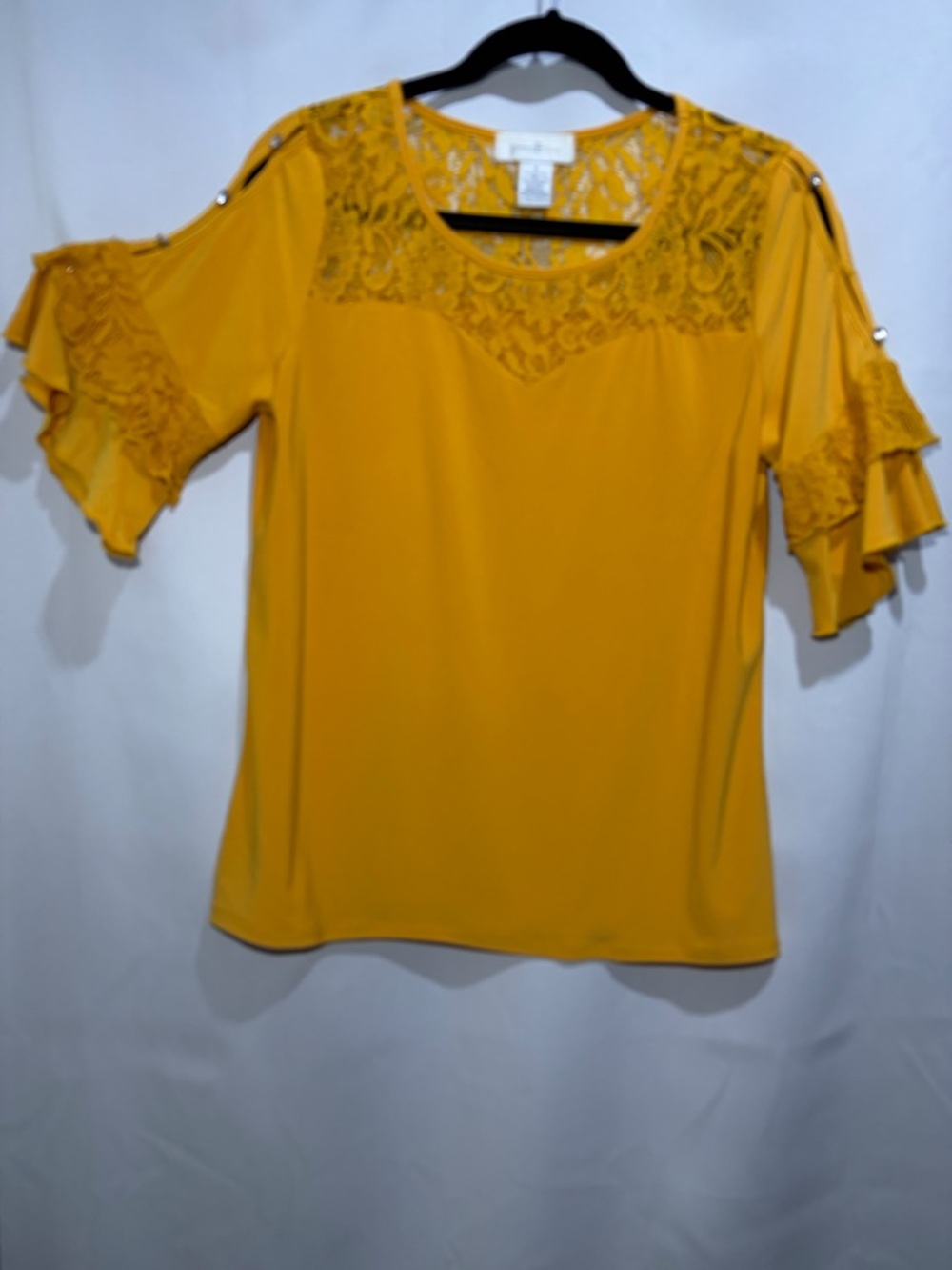Chelsea & Violet Mustard Lace Yoke Cold-Shoulder Blouse